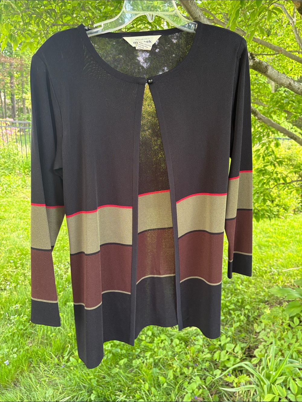 Misook Black Open Cardigan with Olive and Burgundy Bands